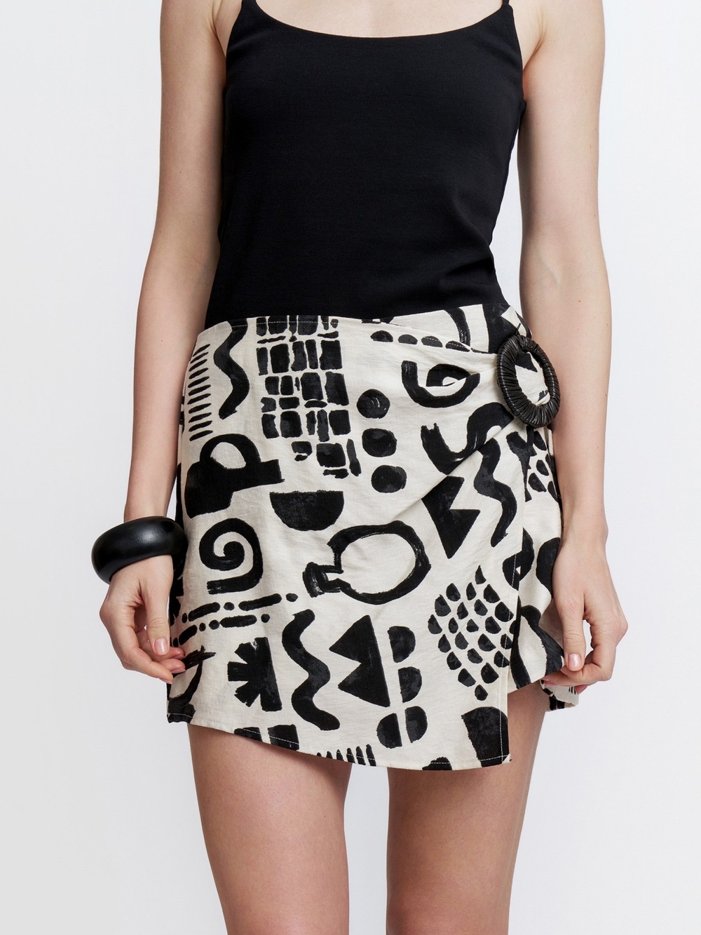 Black & White Abstract Print Wrap Mini Skirt (Small)